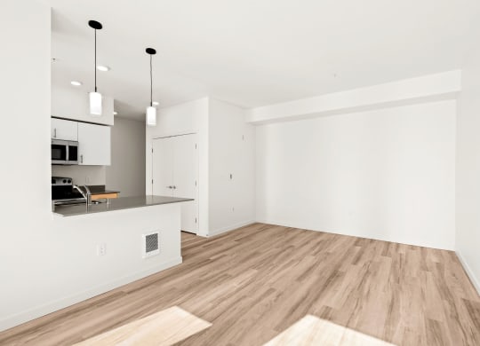 an empty living room and kitchen with white walls and wood flooring at The Duo, University Place