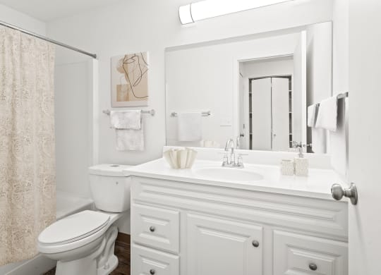 A full bathroom with white vanity sink, cabinet storage, large mirror, a toilet and shower. The linen closet is shown in the mirrors relection.