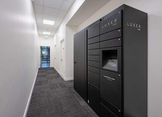 A hallway with a row of black lockers on the right side.