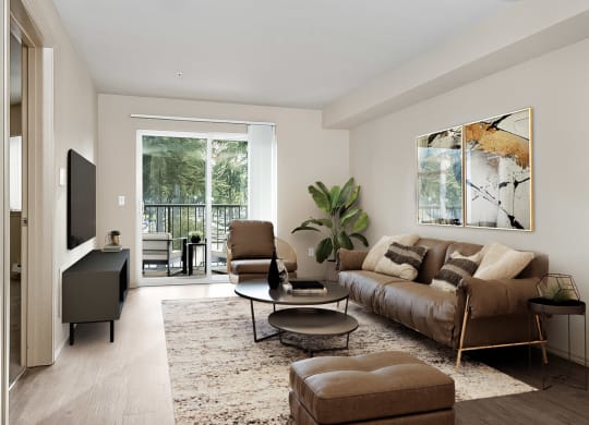 Living room with sliding glass door to the balcony on the far wall, matching chair, couch, and ottoman with a table in the center across from a tv and entertainment unit at 6 Wood Flats, Lacey, WA 985