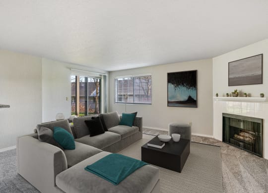 Carpeted living room with gas fireplace and mantle, with sliding glass doors to outside, and window with blinds.at Capitol Crossing, Olympia