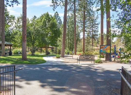 A park with a paved walkway, trees, and a bench.