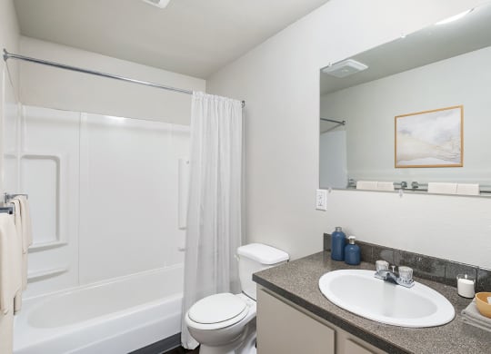 A full bathroom with a vanity sink, cabinet storage, a large mirror, a toilet, and a white shower curtain.at Wildflower, Washington