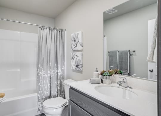 Full Bathroom with grey cabinets and full sized tub and shower combination. at Altitude, Washington