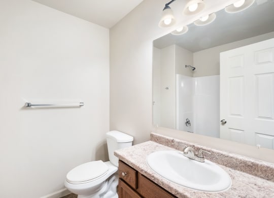 A bathroom with a sink, toilet, mirror, towel rack and above mirror lighting. at Pine Tree Park, Kennewick