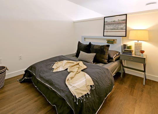 Large bedroom with partial wall between bedroom and living area. Bedroom can fit a queen or king sized bed.at 19th & Mercer, Seattle