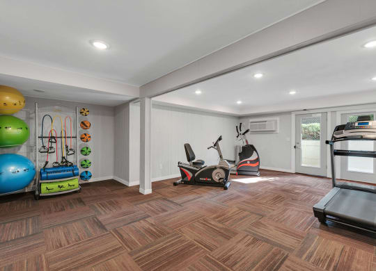 Fitness center with treadmill, elliptical, recumbent bike, medicine, and yoga balls.at Castlerock, Wenatchee