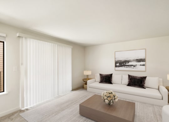 a living room with white walls and a large window  at Brix, Washington, 99362