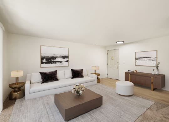 a living room with white walls and a white couch  at Brix, Washington, 99362