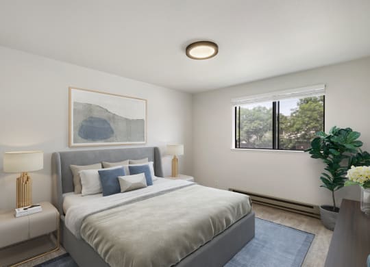 a bedroom with a large bed and a large window  at Brix, Washington