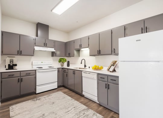 Large kitchen with full-size fridge, a dishwasher, sink, oven, stovetop and range hood.at Shoreline Village, Richland, WA 99352