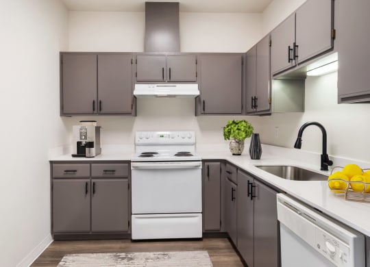 L-shaped kitchen with ample cabinet storage, white appliances and white countertops.at Shoreline Village, Washington, 99352