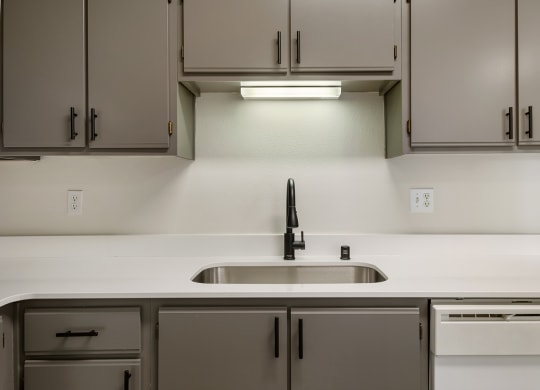 A kitchen with white countertops, a stainless steel sink, gray cabinets and a dishwasher.at Shoreline Village, Richland