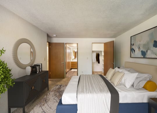 a bedroom with a bed and a dresser and a mirror at Cedarwood, Renton Washington