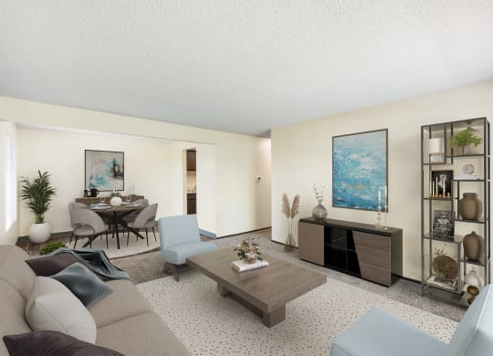 a rendering of a living room with a dining room in the background at Castlerock, Wenatchee