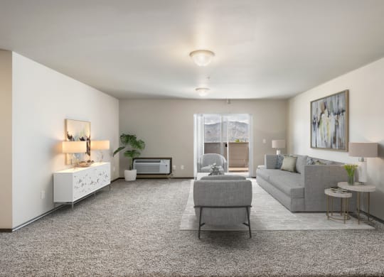 a living room with white walls and carpet  at Altitude, East Wenatchee, 98802