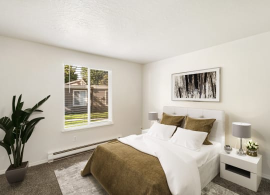 a bedroom with a large bed and a plant in a corner of the room at Park View Apartments, Washington
