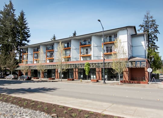 Sunny building exterior from across the street showing balconies and trees at 6 Wood Flats, Lacey Washington
