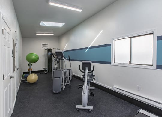 Community gym with window and exercise balls, stationary bike, elliptical, cable machine and free weights.at The Lakes Apartments, Moses Lake, WA 98837
