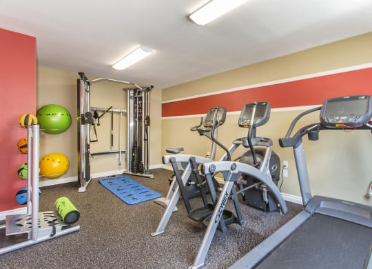 Fitness center with treadmill, elliptical, recumbent bike, cable machine and medicine balls, and foam roller at Pacific Sands, San Diego, CA, 92117
