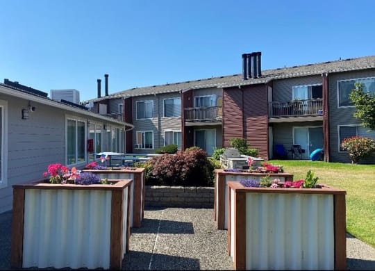 A row of four wooden planters with flowers in front of Pointe East Apartments with patios and balconies. at Pointe East, Fife, 98424