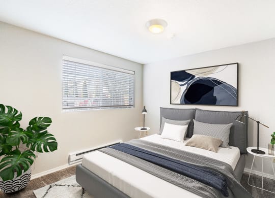 Carpeted bedroom with white walls, a window on the left wall. Staged with a bed, side tables, and a houseplant.at Capitol Crossing, Washington