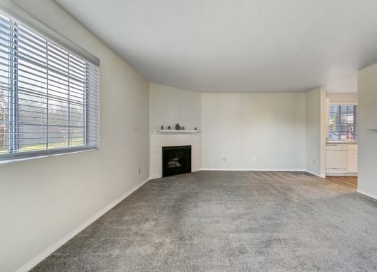 Remodeled living room with window and blinds, gas fireplace, and mantle with plants in the center and kitchen to the right.at Capitol Crossing, Olympia, Washington