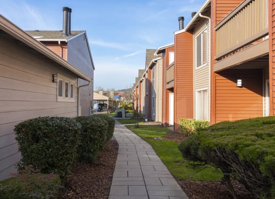 A paved pathway between two apartment buildings lined with bushes, green grass, and covered car parking in the distance at Pointe East, Fife, Washington.
