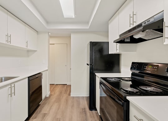 A galley-style kitchen with a stainless steel sink, a full-size fridge, and an oven and stovetop with a range hood. at Pointe East, Washington, 98424