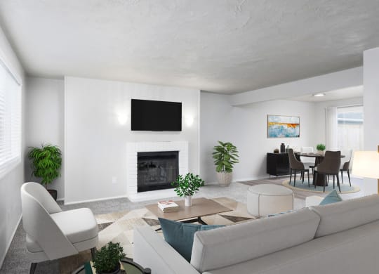 a living room with a white couch and a fireplace