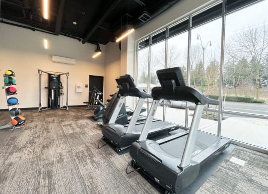a gym with cardio equipment and a large window at The Duo, Washington