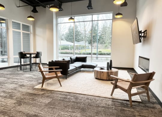 a living room with a couch and chairs and a television at The Duo, University Place