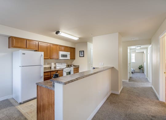 our apartments offer a spacious kitchen with stainless steel appliances and wood cabinets. large kitchen with white fridge