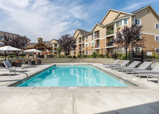 our apartments have a swimming pool with chairs and umbrellas. apartments with a pool at Quail Springs Apartments