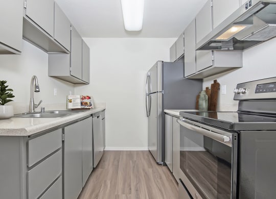 Kitchen with fridge, oven with cooktop, dishwasher, and sink.  Upper and lower cabinets on both sides at University Glen, Washington, 98466