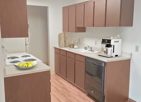 Double galley kitchen, top and bottom cabinet storage, sink, dishwasher, stove top, staged with coffee machine, fruit bowl.at Laurel Park, Twin Falls, 83301