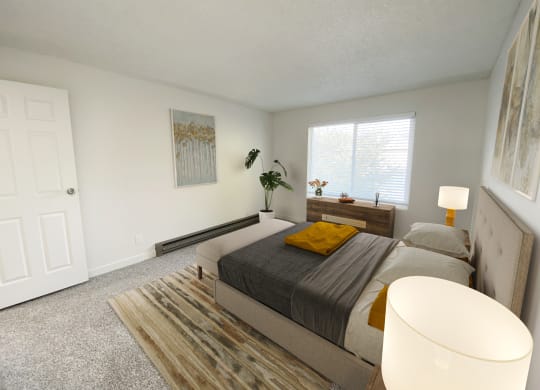 Bedroom with white walls, oversized window with natural light, gray carpet, staged with bed, side tables, dresser, and plant.at Laurel Park, Twin Falls, 83301