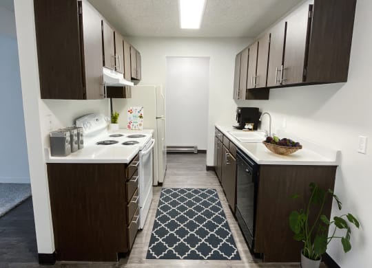 Double galley kitchen with wood cabinets, white counters, full fridge, dishwasher, oven, stovetop, and double bowl sink.at Laurel Park, Twin Falls, ID 83301