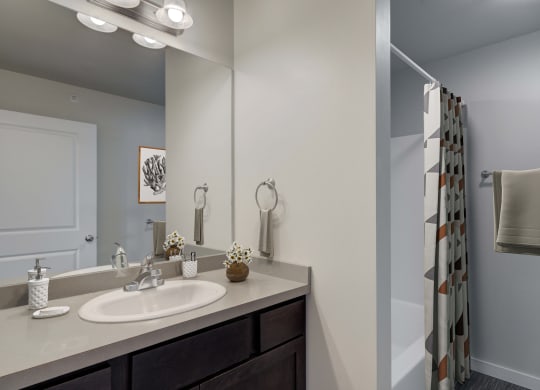 a bathroom with a sink and a shower and a mirror at Madison Park, Bozeman, MT