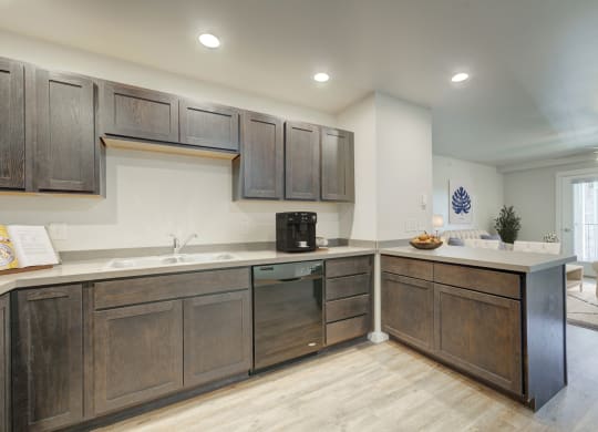 a kitchen with wooden cabinets and a counter top and a sink at Madison Park, Bozeman