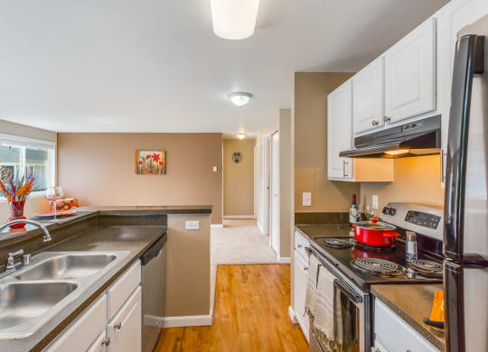 a kitchen with a stove and a sink and a refrigerator at Springfield, Washington, 98055 