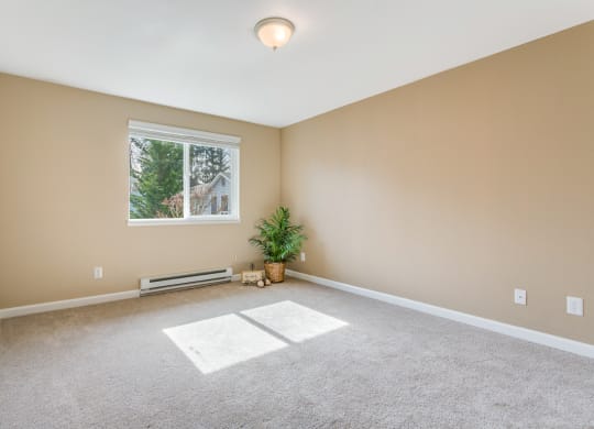 an empty living room with carpet and a window  at Springfield, Renton, WA