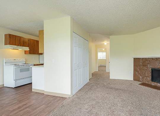 Spacious carpeted living room divided by wall with double door closet opposite a fireplace and mantle.