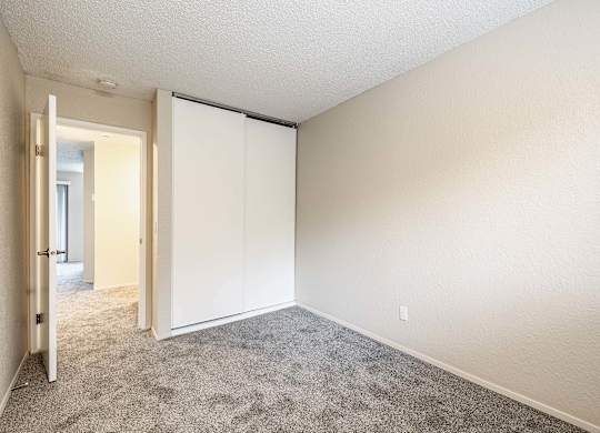 Bedroom with soft carpet and a sliding closet door inside a Peak 88 two-bedroom apartment in Renton, WA.
