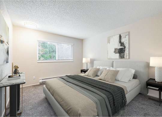 Two-bedroom apartment bedroom at Peak 88 Apartments in Renton, WA with neutral tones and natural light