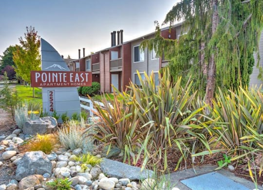 Community entrance with a Pointe East Apartment Homes sign surrounded by well-maintained landscaping with apartments in the background. at Pointe East, Fife, WA, 98424