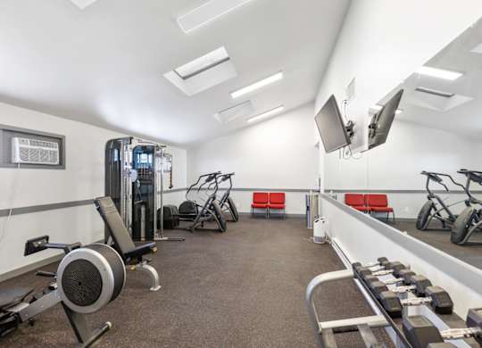 A gym with a variety of equipment including a weight bench, a rowing machine, and a treadmill.