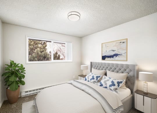 A bedroom with white walls, overhead lighting, and a window on the left wall. Staged with a bed, 2 side tables, a plant, and a rug.at Wildflower, Kennewick Washington