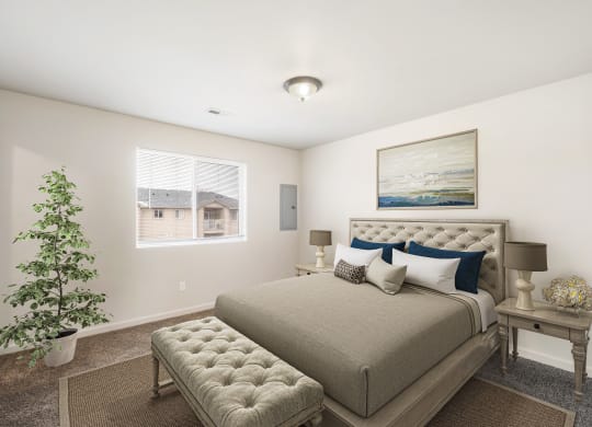 Carpeted bedroom with large double window, staged with queen-size bed, side tables, lamps, and a rug. at Pine Tree Park, Kennewick, 99337