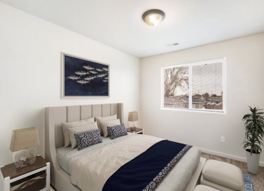 Bedroom with gray carpets, a large window with blinds on the right wall. Staged with bed, side tables, art, and house plant. at Pine Tree Park, Washington